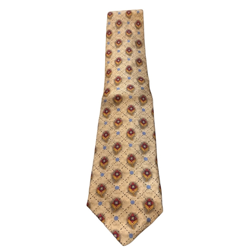 Robert Talbott Studio Mens Silk Tie Tan Geometric Medallion Hand Sewn USA